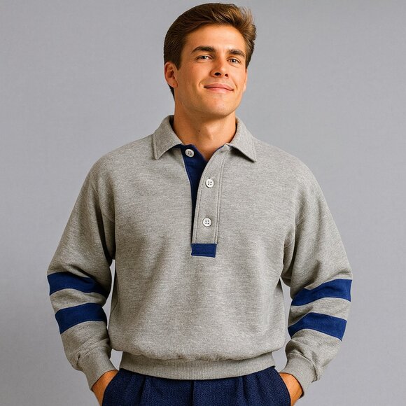 Unbranded Other - Unbranded Men’s Medium Vintage 80s Gray Blue Rugby Striped Pullover Sweater Rare